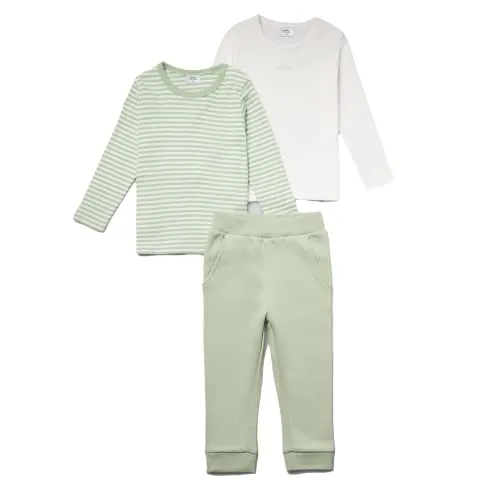 Stellou Kleidungsset für Babies 3-teilig in Grün und mit Print, Bio-Baumwolle, 2 Langarm-Shirts und eine Jersey-Hose (Mint/Weiß, 50/56)