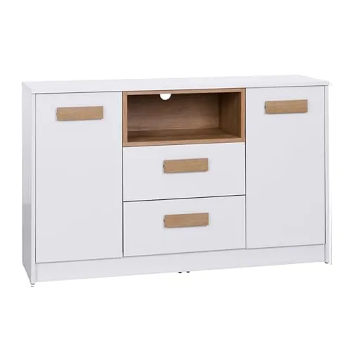 Design Möbel Gustavo Kommode Regal Einlegebode Heimbüro Büro Kommode Schlafzimmer Kommode Kinderzimmer Wohnzimmer PVC-Kanten Kommode Weiß Eiche Riviera 2 Türen 2 Schubladen 122,5x75,5x40 cm