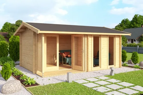 Gartenhaus Blockhaus Holzhaus HAMPSHIRE 44 mm - Modernes Gartenhaus mit Fußboden aus naturbelassenem Holz, abschließbar und einfach montierbar. Ideal für Gartenliebhaber und als zusätzlicher Stauraum.