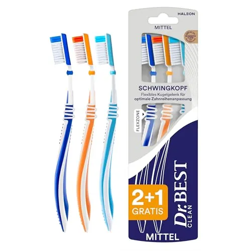 Dr.BEST Schwingkopf Zahnbürste, Mittel, Vorteilspack (2 + 1 Gratis) | Passt sich an den Verlauf der Zahnreihen-und kontur an für Reinigung unebenee Oberflächen. Farbe variiert.