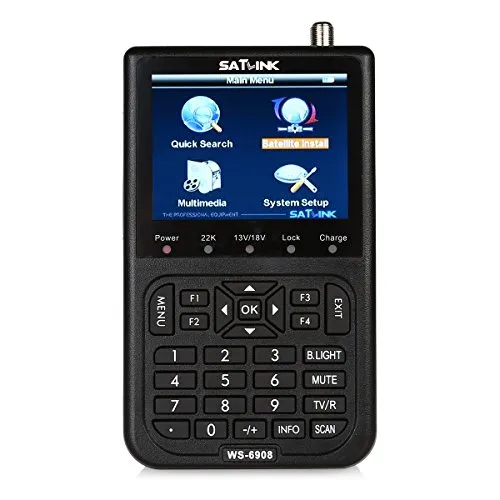 Satlink WS-6908 SE DVB-S FTA Messgerät - Satelliten-Finder mit 3,5” Farb TFT LC Display, 3000mA/h Akku für bis zu 6 Stunden Betrieb und 24 Monate Garantie vom Hersteller.