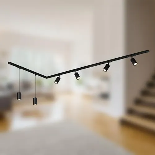 BRILONER Schienensystem Rail Komplettset - Spotbalken mit 4 schwenkbaren GU10 Spots und 2 Pendelleuchten, ideal für flexible Raumgestaltung und individuelle Lichtakzente in elegantem Schwarz.