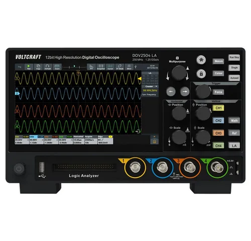 VOLTCRAFT Multimeter 250 MHz 4-Kanal 12 Bit - Spannungsprüfer mit 250 MHz Bandbreite, innovativem 7-Zoll-Touchdisplay und umfangreichen Triggerfunktionen für präzise Signalanalysen.