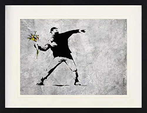 1art1 Banksy Poster Der Blumenwerfer, Graffiti Streetart Gerahmtes Bild Mit Edlem Passepartout | Wand-Bilder | Im Bilderrahmen 80x60 cm