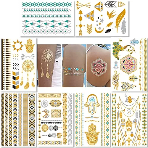 Temporäre Tattoos Tätowierung Für Frauen Jugendlich Mädchen - 8 Blatt Metallische Gold Silber Temporäre Glitter Schmuck Tattoos 100 + Farbe Flash Gefälschte Wasserdichte Tätowierung Aufkleber