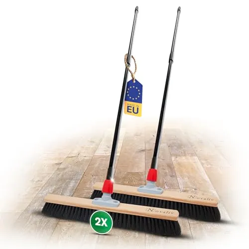 Novaliv 2X Rosshaarbesen mit Stiel 60 cm I Teleskopstiel ausziehbar I Rosshaar schwarz I Saalbesen breit Kehrbesen Haushaltsbesen Werkstattbesen Besen Balkon