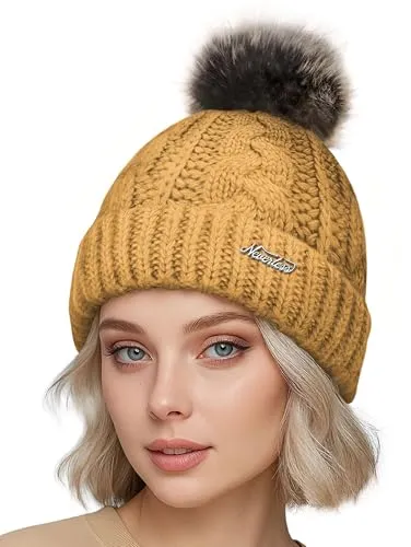 Neverless® Damen Wintermütze mit Fleece Gefüttert Warm & Winddicht Strickmütze Bommelmütze Model 1980 Mustard Unisize