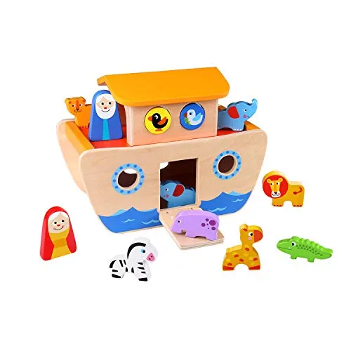 Tooky Toy 921 TKC304 Arche Noah Bunten Tieren Und Bauklötzen-18-Teiliges Holz-Spielzeug Für Kreative Rollenspiele Und Fördert Das Greif-Sowie Denkvermögen Ihres Kindes-Ca. 26 x 19 x 14 cm