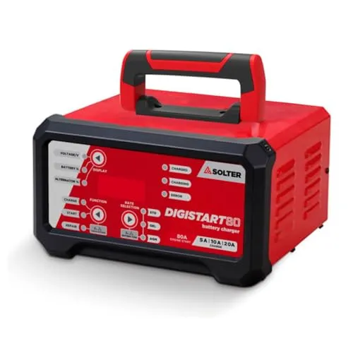 Solter Digistart 80 – Professionelles Ladegerät und Starthilfe, 12/24 V, 10 Stufen, 80 A, Reparaturmodus, Lichtmaschinentest, für Werkstätten und Automobile