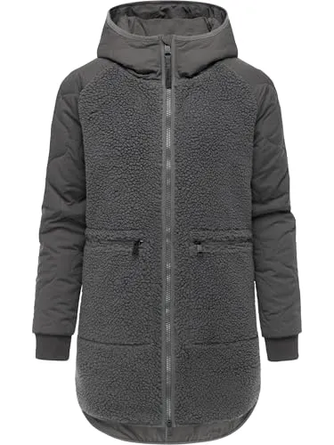 Ragwear Damen Teddyfleece Kurzmantel warmer Plüschmantel mit Kapuze Longeddy YOUMODO Stone Grey25 Gr. XS