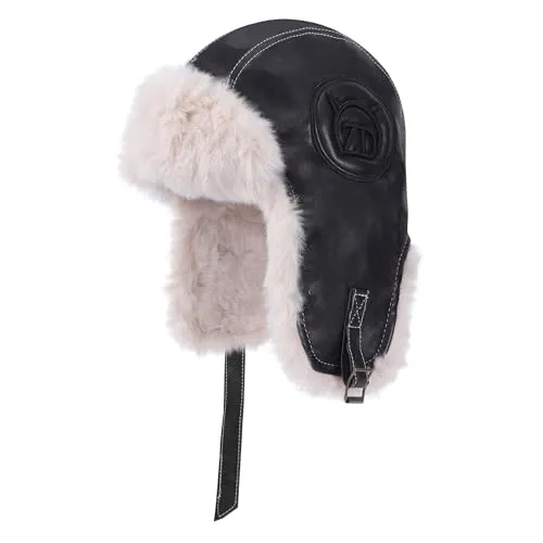 Jeesblsy Winter Fliegermütze, Unisex Warme Russische Mütze mit Ohrenklappen, PU Winddicht Hut Trappermütze für Snowboarden Skaten Radfahren Outdoor (Schwarz)
