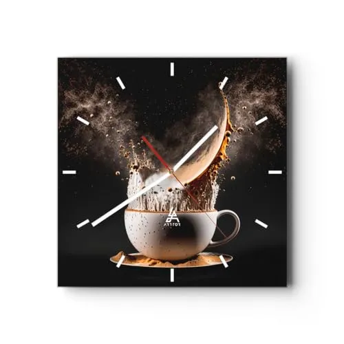 Modern Wanduhr Kaffee Milch Tasse 40x40cm Quadrat Groß Wand Uhr Glas Analog Zimmeruhren Küche Büro Wohnzimmer Glasuhr Wall Clock Dekoration Design Wanddekoration Küchenuhr C3AC40x40-5718