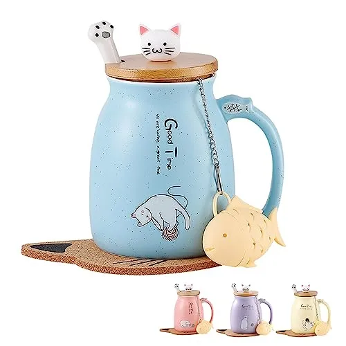 Katzen-Tasse, niedliche Keramik-Kaffeetasse mit schönem Kätzchen-Deckel, Katzenpfotenlöffel, Kawaii-Untersetzer, lustige Morgen-Tasse, Tee, Milch, Weihnachts-Tasse, 380 ml