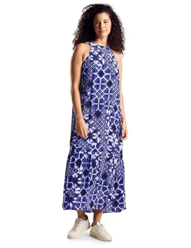 STREET ONE Maxikleid mit Print - Freizeitkleid für Damen im schulterfreien Schnitt mit Schlitz und Knopf im Nacken, Saum mit Volants aus angenehmer Viskose-Qualität für einen luftigen Sommerlook.