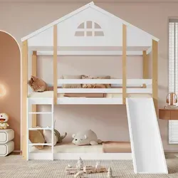 Flieks Etagenbett 90x200cm mit Rausfallschutz und Rutsche - Etagenbett für Kinderzimmer mit niedlichem Fensterdesign, Rutsche und Leiter für viel Spaß und Sicherheit. Hochwertige Materialien, maximale Belastbarkeit bis 100 kg.