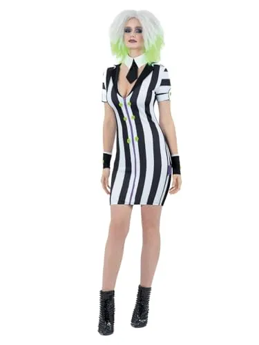 Smiffys Beetlejuice-Kostüm - Hemdkleid mit Kragen und Manschetten - Offizielles Beetlejuice Hemdkleid-Kostüm für Erwachsene, ideal für Halloween-Partys. Mit kultigem schwarz-weißen Design und bequemer Passform – perfekt, um den chaotischen Charme von Beetlejuice zu verkörpern.