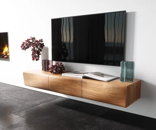 DELIFE Lowboard New Live-Edge 145 cm Akazie Natur - Elegantes Kommode mit einzigartiger Baumkante aus nachhaltiger Akazie, bietet viel Platz für Dekoration und Stauraum hinter drei Türen. Ideal für stilvolle Wohnräume.