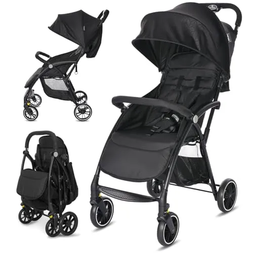 Lorelli Kinderwagen Fresh, Sport Buggy klein zusammenklappbar, nur 5,9kg, kompakter Sportsitz bis 22kg, Baby Reisebuggy mit Flaschenhalter, Einhand-Klappsystem, schwarz