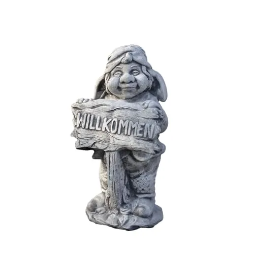 gartendekoparadies.de Steinfigur Gnom Wichtel Willkommen Steinfigur, 47 cm Höhe, Grau, 20 kg, Steinguss, frostsicher für Außenbereich