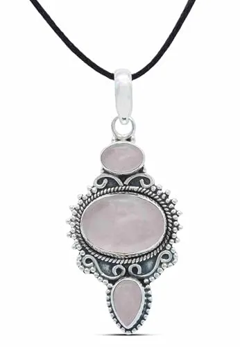 mantraroma Kettenanhänger 925 Silber Rosenquarz rosa Stein Edelstein Kettenanhänger Damen Sterling Silber Halskette Anhänger Geschenk (MAH-076-07)