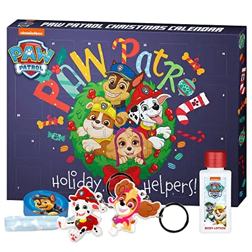 PAW PATROL - Adventskalender Cool Christmas, 24 Überraschungen für Kinder mit Pflegeprodukten und Accessoires, weihnachtliches Design