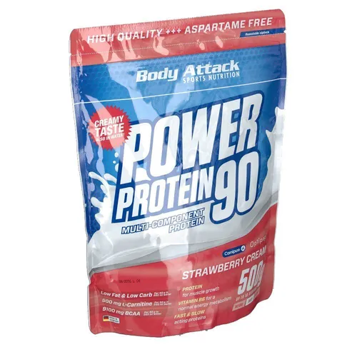 Body Attack POWER PROTEIN 90 - Strawberry - 500g Beutel - Vielseitiges Mehrkomponenten Protein Pulver mit cremigem Geschmack. Ideal für Sportler zur Unterstützung der Muskelregeneration und für leckere Protein Shakes, perfekt löslich in Wasser oder Milch.