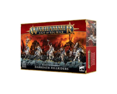 Warhammer - Age of Sigmar - Slaves to Darkness - Darkoath Fellriders - Brettspiel-Set mit 5 Finsterschwur-Grauensreitern, die blitzschnell angreifen. Enthält viele Bauoptionen, darunter Champion, Musiker und Standartenträger für individuelle Anpassung.