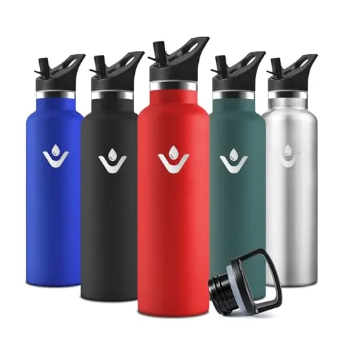 Motswedi Trinkflasche, 500 ml BPA-Frei, Trinkflasche Edelstahl, Mit Strohhalm und 2 Deckeln, Flasche, 18/8 Edelstahl, Wasserflasche, Doppellagige Isolierung, Isolierflasche für Schule, Yoga - Rot