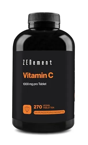 Vitamin C 1000 mg, 270 Vegane Tabletten (9 Monate Vorrat) – Antioxidans, Reduziert Müdigkeit und Erschöpfung – Nur 1 Tablette pro Tag mit Reinem Vitamin C – Zenement