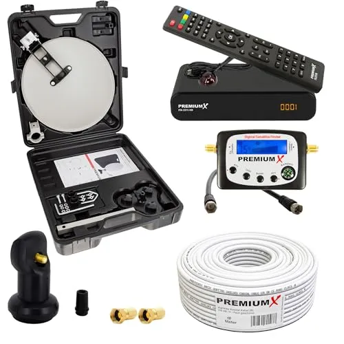 PremiumX Camping Satelliten Anlage - HD TV Receiver im Koffer - Sat-Schüsseln für Camper: Genießen Sie Ihre Lieblingssendungen überall mit dieser kompakten Satelliten-Anlage im robusten Koffer, inklusive SAT-Finder und einfachem Aufbau.
