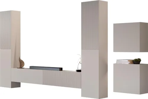 MIRJAN24 Wohnwand Capital V - Elegante Anbauwand in Cashmere - Moderne Wohnwand mit grifflos öffnendem TV-Lowboard und stilvollen Vitrinen. Perfekt für ein schickes Wohnzimmer.