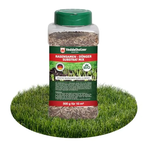 Veddelholzer 3 in 1 Rasensamen NPK Dünger Substrat Mix 500 g Rasen Reparatur Mix zur Nachsaat schnellkeimend für einen dichten strapazierfähigen grünen Rasen nie mehr kahle Stellen
