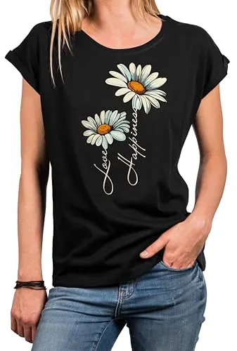 MAKAYA T-Shirt mit Blumendruck Damen Top Gänseblümchen Blumen Shirts Blumenprint Schwarz Große Größen XXXXL