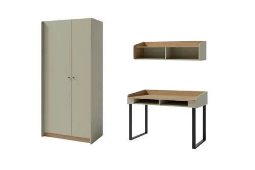 Deine Möbel 24 Jugendzimmer-Set ALBI A (3+11+10) Kinderzimmer-Set Kindermöbel, (Set, 3-tlg., Kleiderschrank, Schreibtisch, Hängeregal), ALBI Kollektion Sandbeige Eiche Eukalyptus