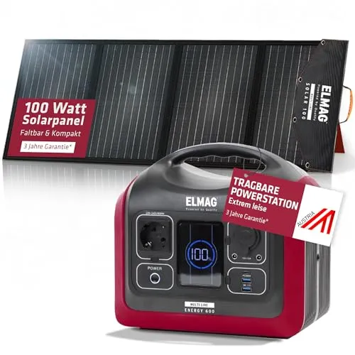 ELMAG Solargenerator-Set Energy 600 + SOLAR 100 595Wh tragbare Powerstation mit faltbarem 100Wp Solarpanel Stromspeicher mit LiFePO4 Akku & 230V AC/DC/USB Ausgabe Für Camping, Outdoor & Notstrom