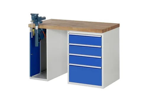 Werkbank Modell 7510 mit 4 Schubladen und Schrank - Robust und Funktional - Hochwertige Werkbank mit Buche-Massiv-Arbeitsplatte, belastbar bis 1000 kg. Bietet 4 geräumige Schubladen und viel Stauraum für Werkzeuge. Ideal für professionelle Werkstätten.