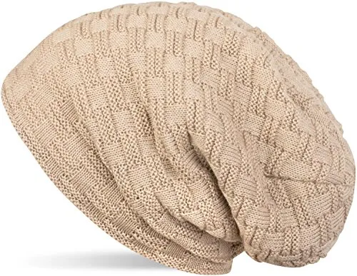 styleBREAKER Feinstrick Longbeanie Mütze mit Flecht Muster und warmem Fleece Innenfutter | Winter Strickmütze Unisex elastisch weich bequem warm, Farbe:Sand