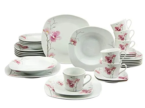 Creatable Kombiservice, 30-teilig, Weiß mit Blume - Elegantes 30-teiliges Geschirr-Set aus Keramik in Weiß mit floralem Design, ideal für stilvolle Tischdekorationen und unvergessliche Dinnerabende.