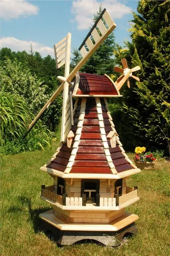 Deko-Shop-Hannusch Windmühle 1,3m mit braunem Lamellendach - Windspiele: Kugelgelagerte Windmühle mit 360° drehbaren Flügeln und einer Höhe von 1,3 m – ideal für stilvolle Gartenakzente.