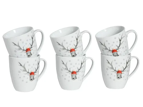 CreaTable - Hirsch - Kaffeebecher 6-tlg (Form Luna) - Thermobehälter für Weihnachten, 6 elegante Kaffeebecher aus spülmaschinen- und mikrowellengeeignetem Porzellan im klassischen Design.