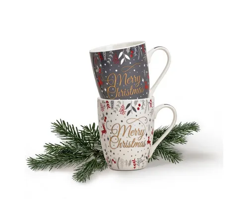 matches21 HOME & HOBBY Tasse Weihnachtassen 2er Set mit Spruch Merry Christmas Kaffeetassen, 2-tlg., Porzellan, Tee Kaffee-Becher, Weihnachten, modern, grau weiss bunt, 300 ml