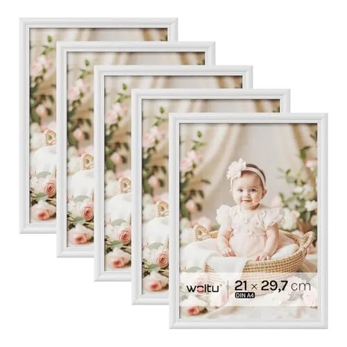 WOLTU Bilderrahmen 21x29,7cm DIN A4 5er Set - Wand- & Tischbilderrahmen aus hochwertigem Massivholz, vielseitig einsetzbar für vertikales oder horizontales Aufhängen und Aufstellen, ideal zur Dekoration Ihrer Lieblingsfotos.