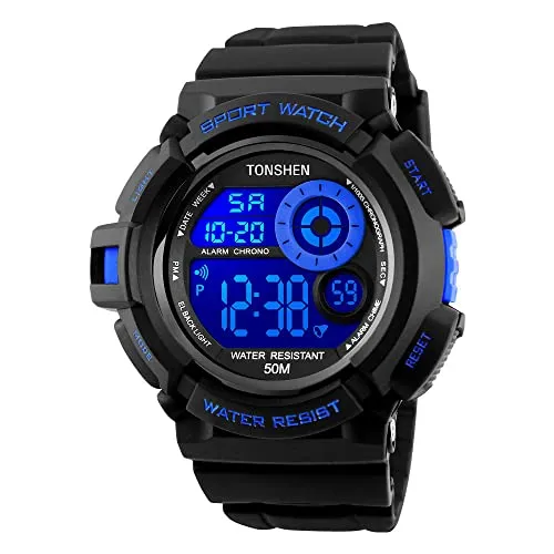 TONSHEN Herren Multifunktion Outdoor Militär Uhren Digitaluhr Sportuhr Mehrfarbig LED Licht 50M Wasserdicht Groß Plastik Lünetten mit Kautschuk Band Armbanduhr (Blau)