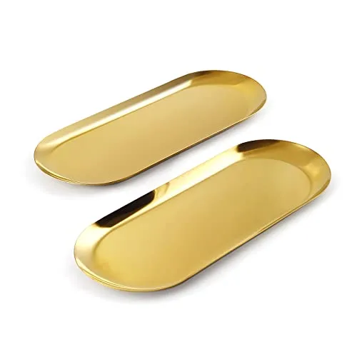 Edelstahl Goldene Servierteller Serviertablett, 2 Stück Ovale Kosmetik Dekotablett, Kleine Gegenstände Tablett Gold Platte Schmuckständer, Ablageschale für Dessert Schmuck Kerzen-30 x 12 cm