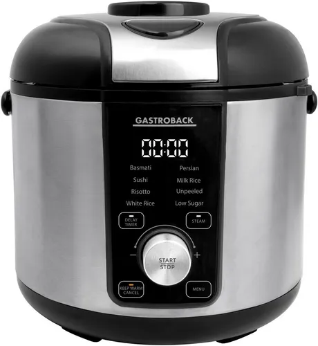 GASTROBACK 42519 Rice Control Low Carb Reiskocher – Schwarz/Silber - Vielseitiger Reiskocher mit 8 Automatikprogrammen für perfekten Reis und gesunde Gerichte. Ideal für bis zu 10 Portionen, mit praktischer Low-Carb-Funktion und nährstoffschonendem Dämpfen.