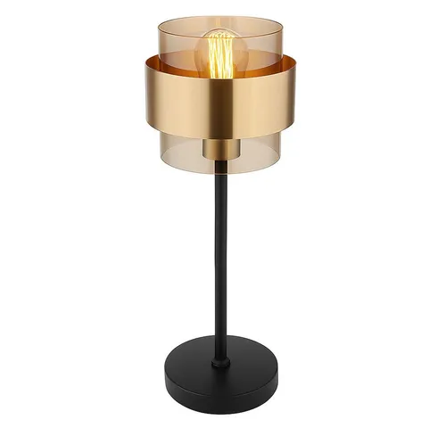 Retro Tischleuchte mit Messingring und klarem Glas - Stilvolle Tischleuchte (Ø 18 cm) aus schwarz-mattem Metall und rauchigem Glas, mit E27 Fassung für individuelle Lichtgestaltung. Ideal für gemütliche Akzente in Ihrem Wohnraum.