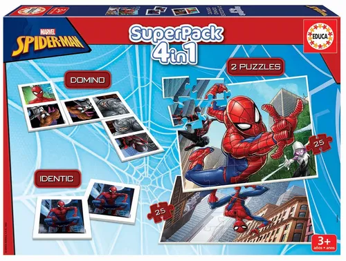Educa Spiel Spiderman 4v1 Spielset - Spiele: EDUCA SuperPack 4in1 mit zwei Puzzles, Dominosteinen und Memory-Spiel, fördert die Kreativität und das Gedächtnis von Kindern.