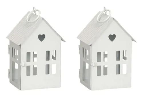 dekorative kleine Tisch - Laterne aus Metall in Haus-Form weiß im 2-er Set