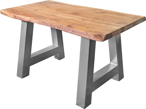 Esstisch 120 x 80 cm Cali, Baumkantentisch naturfarben, Akazienholz massiv, A-Gestell aus Metall Silber, aufgedoppelte Kanten 25+25 mm