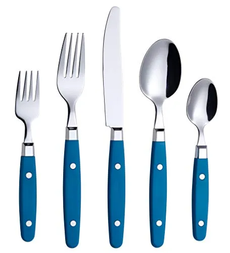 ANNOVA Retro/Rivet Buntes Edelstahl-Geschirr Küchenbesteck-Set, enthält Tischmesser, Gabeln, Löffel, Salatgabeln und Dessertlöffel (Blau, 20 Stück)